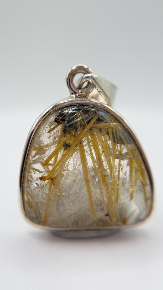 Natural Rutilated Quartz Pendant in Sterling Silver – Golden Needle Inclusion Gemstone