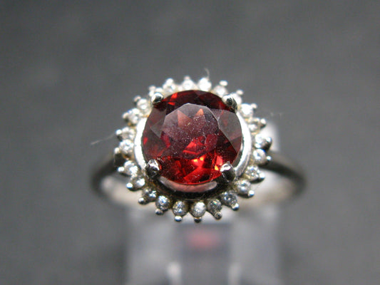 Natural Faceted Red Garnet Rhodium Plated Sterling Silver Ring with CZ - Size 7