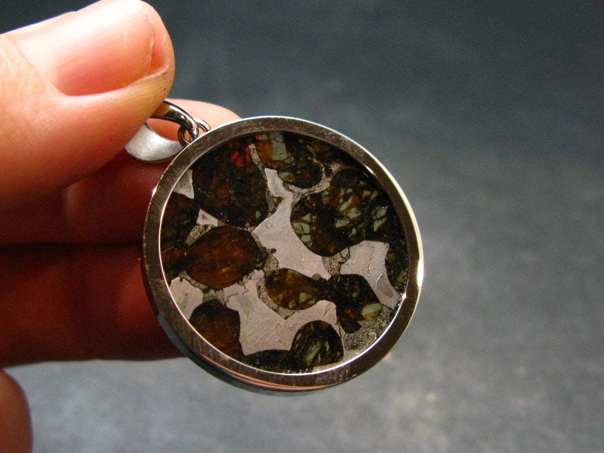 Rare Brahin Meteorite Slice With Olivine Pallasite Silver Pendant from Belarus - 1.4" - 5.27 Grams