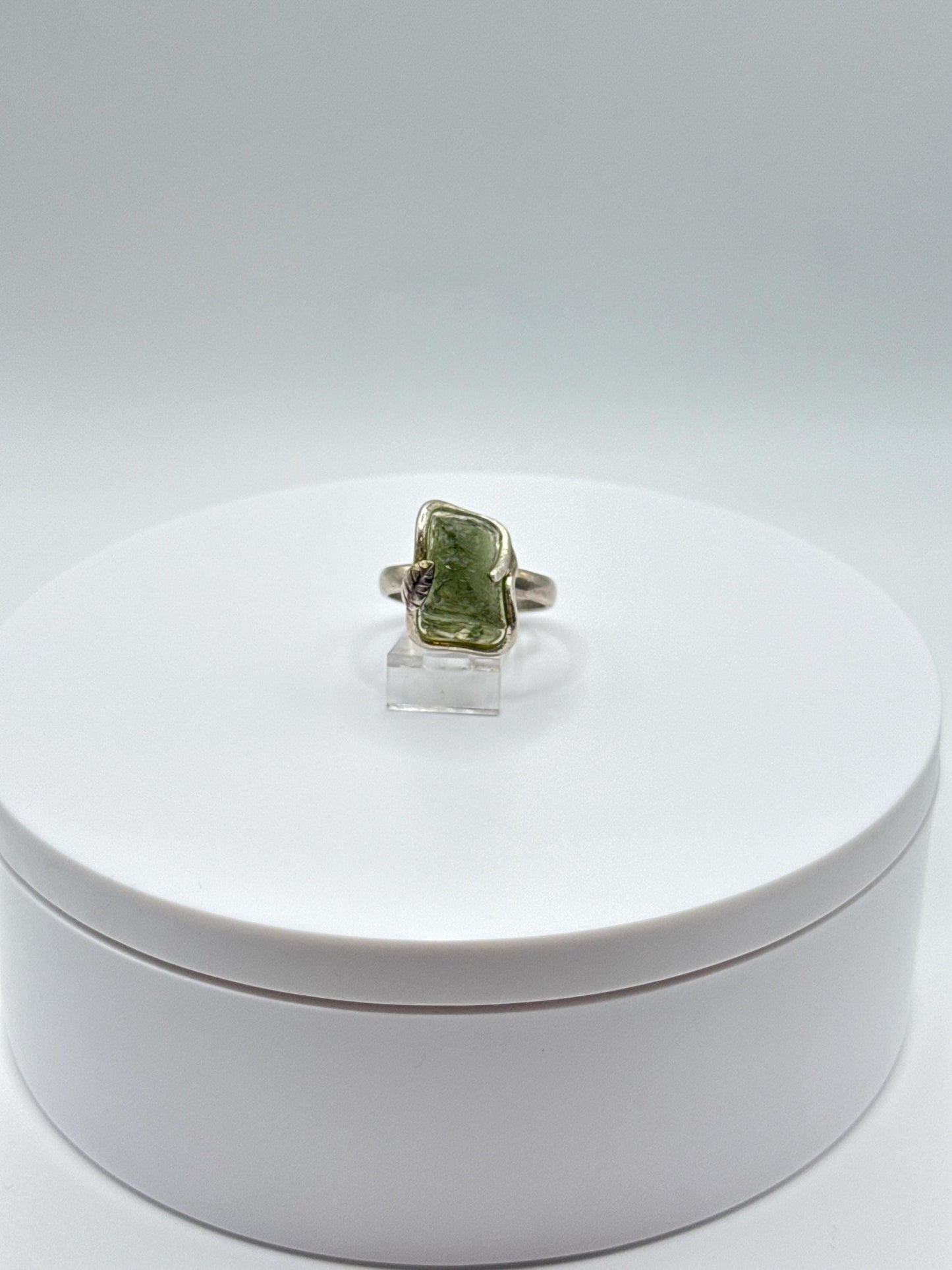 Raw Moldavite Sterling Silver Ring – Unique Cosmic Green Tektite Jewelry - Size 9.5