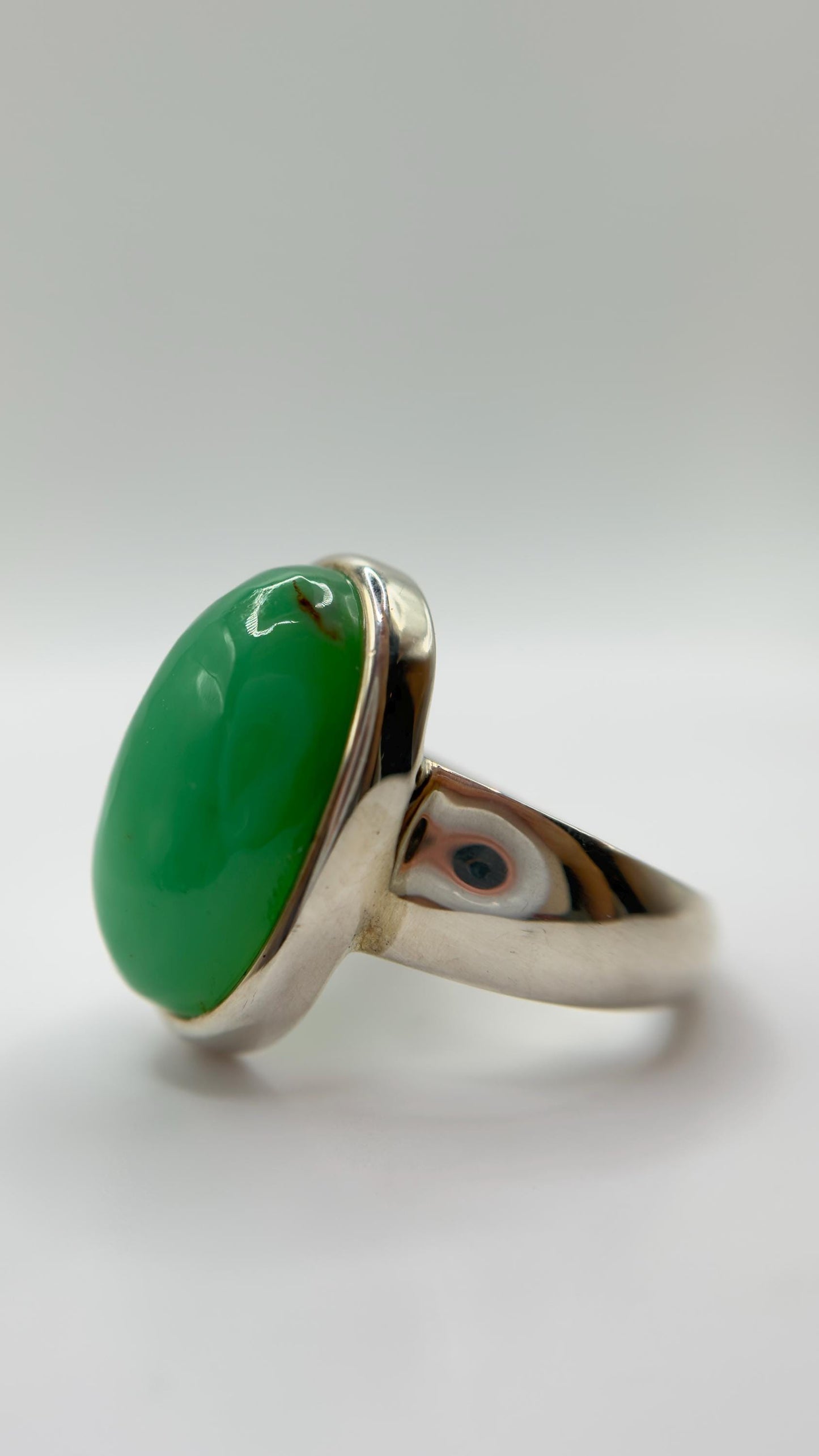 Chrysoprase Oval Ring – Natural Green Chalcedony Sterling Silver Statement Jewelry - Size 8.5