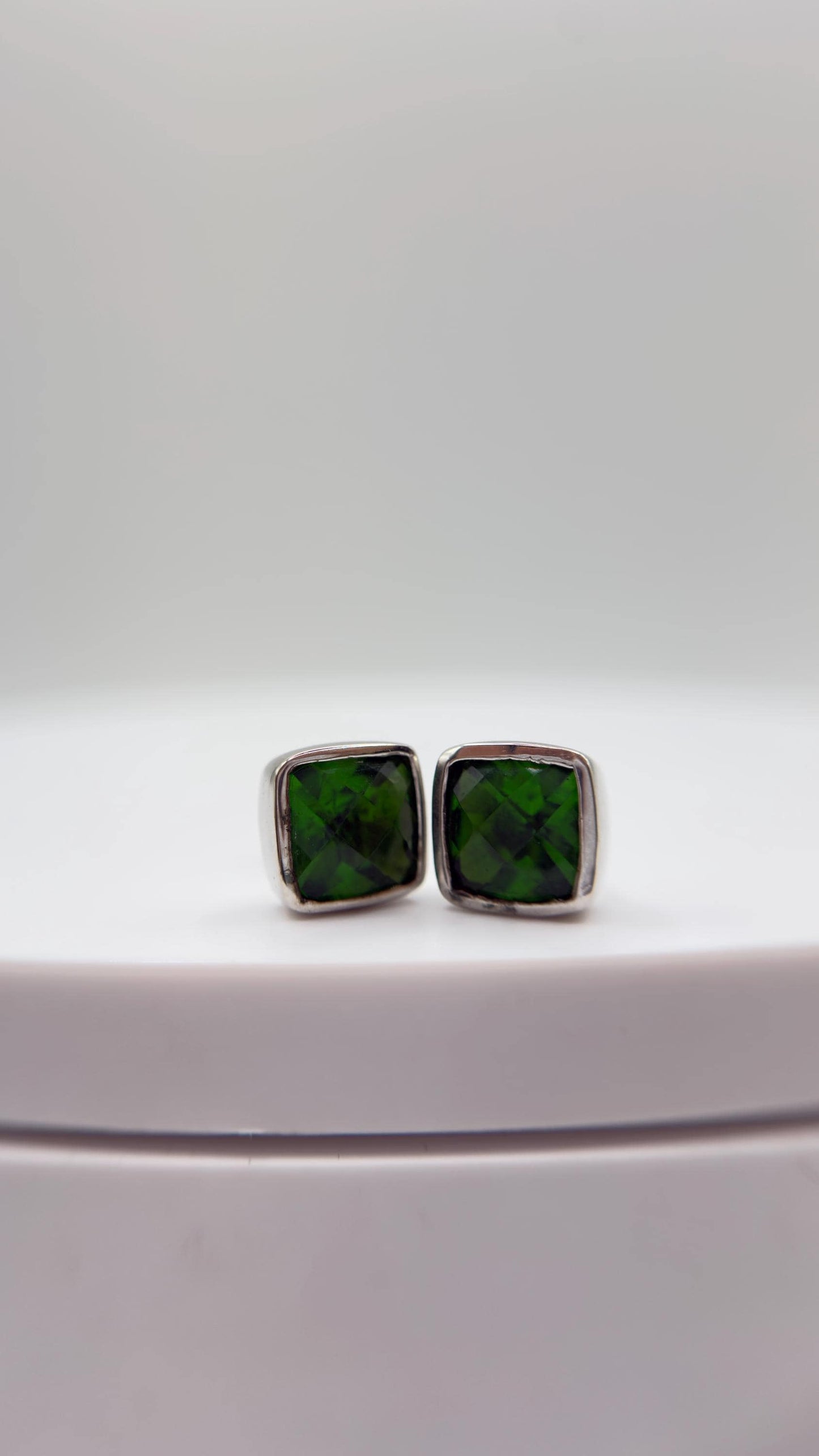 Green Helenite Stud Earrings – Square Cushion Cut Sterling Silver Studs