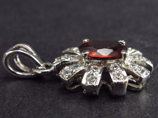 Handcrafted Natural Faceted Rich Red Garnet Sterling Silver Pendant with CZ - 1.1"