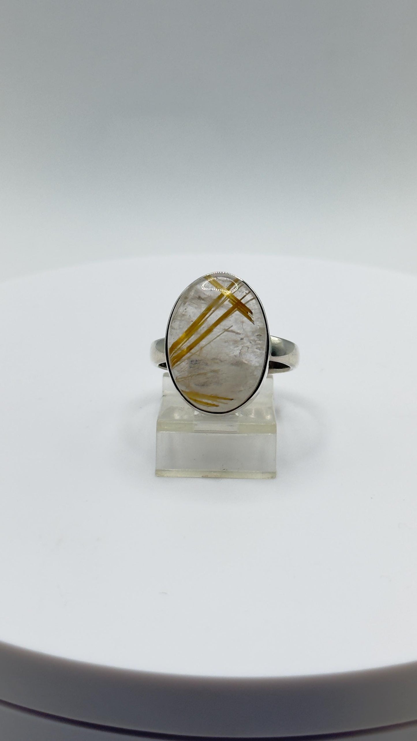 Golden Rutilated Quartz Ring – Large Oval Rutile Crystal Statement Ring - Size 8