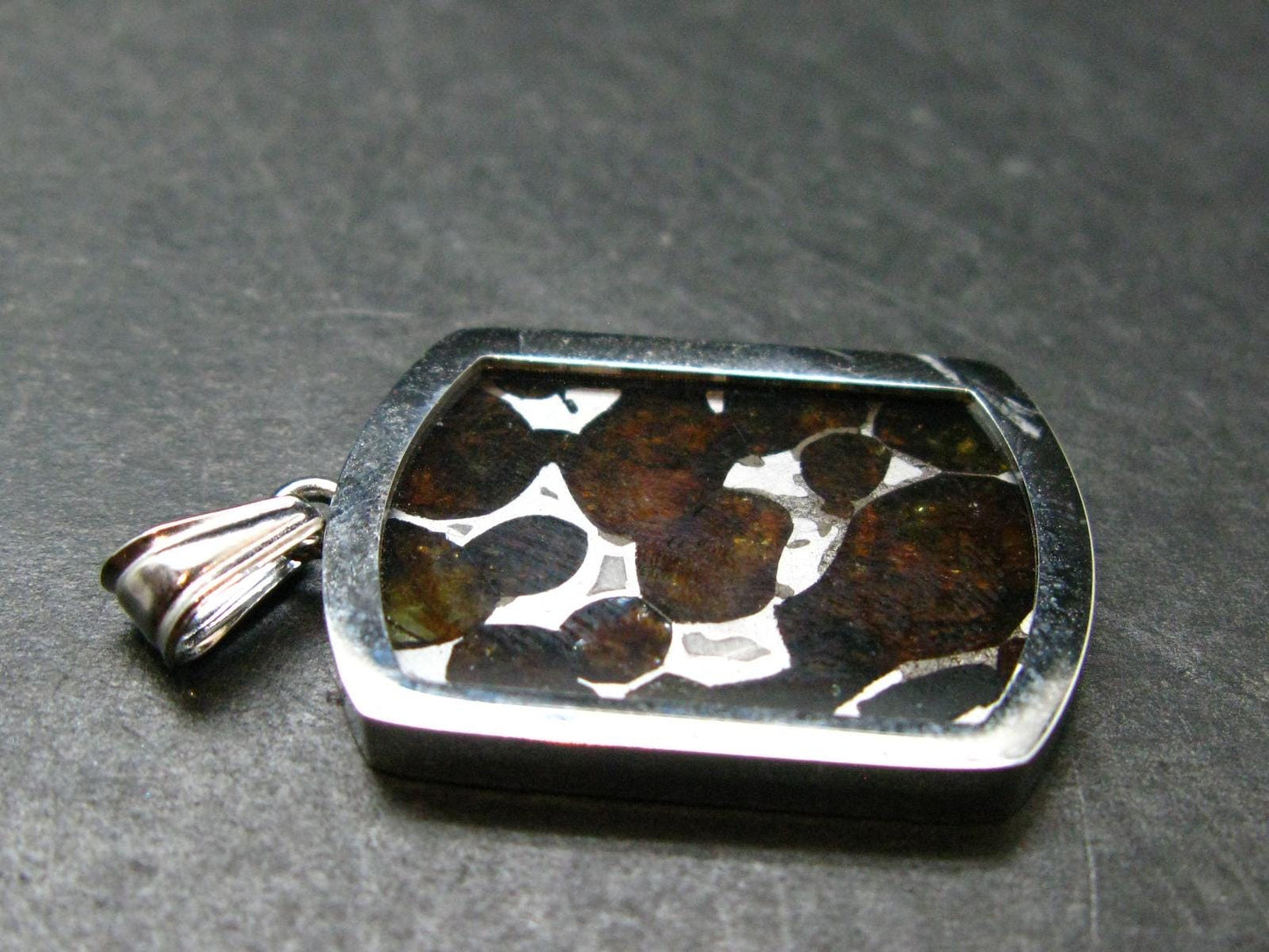 Rare Brahin Meteorite Slice With Olivine Pallasite Silver Pendant from Belarus - 1.4" - 5.91 Grams