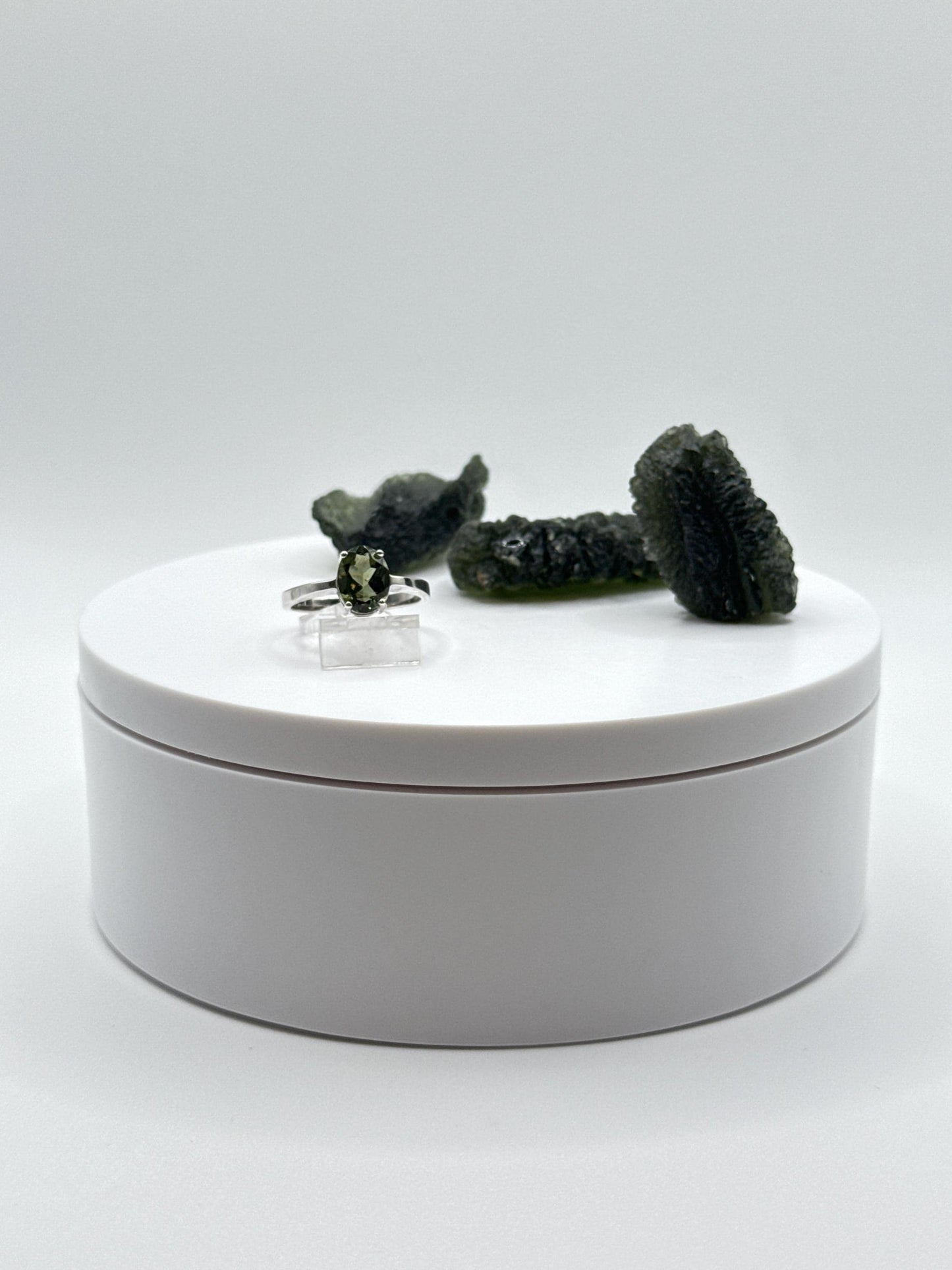 Moldavite Solitaire Ring – Silver Sparkle Band – Bold Oval Cut Statement - Size 8