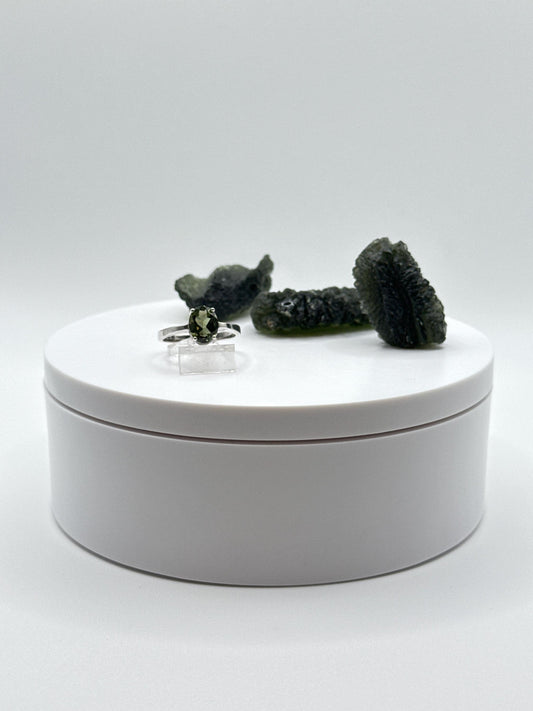 Moldavite Solitaire Ring – Silver Sparkle Band – Bold Oval Cut Statement - Size 8