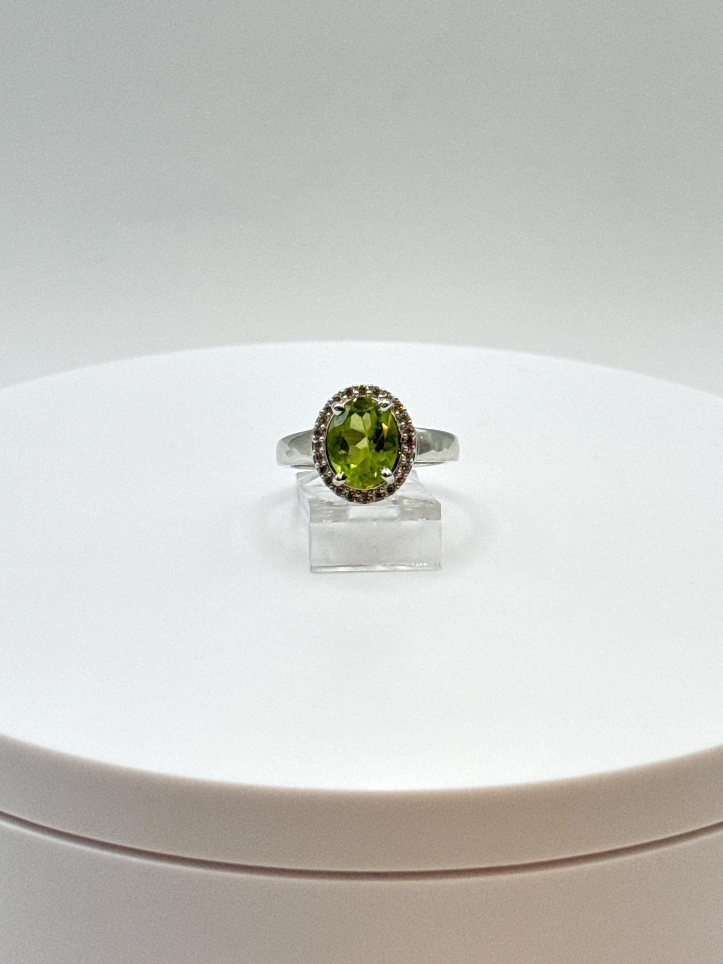 Oval Peridot Halo Ring | Sterling Silver, August Birthstone - Size 6