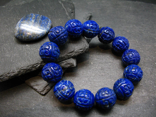 Lapis Lazuli Lazurite Genuine Bracelet ~ 7 Inches ~ 16mm Carved Beads