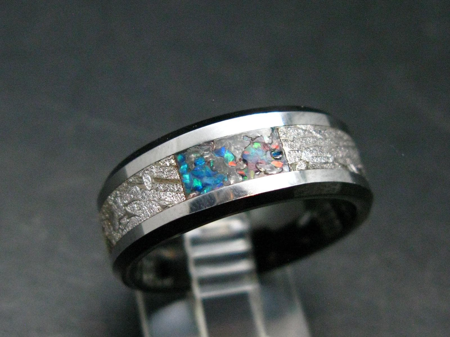 Muonionalusta Meteorite & Opal Steel Ring - 11.38 Grams - Size 9
