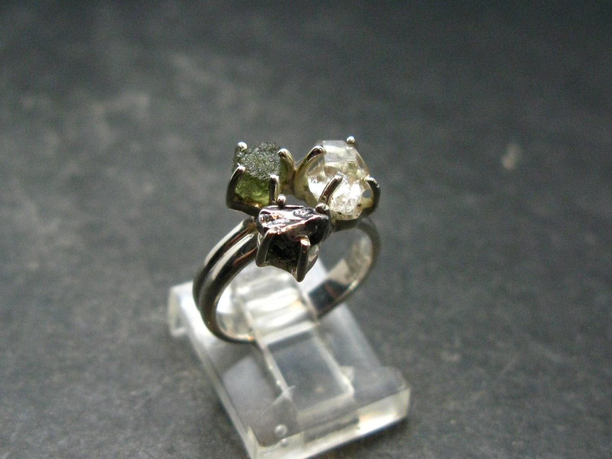 Moldavite Herkimer Meteorite Sterling Silver Ring From Czech Republic - Size 5 - 3.46 Grams