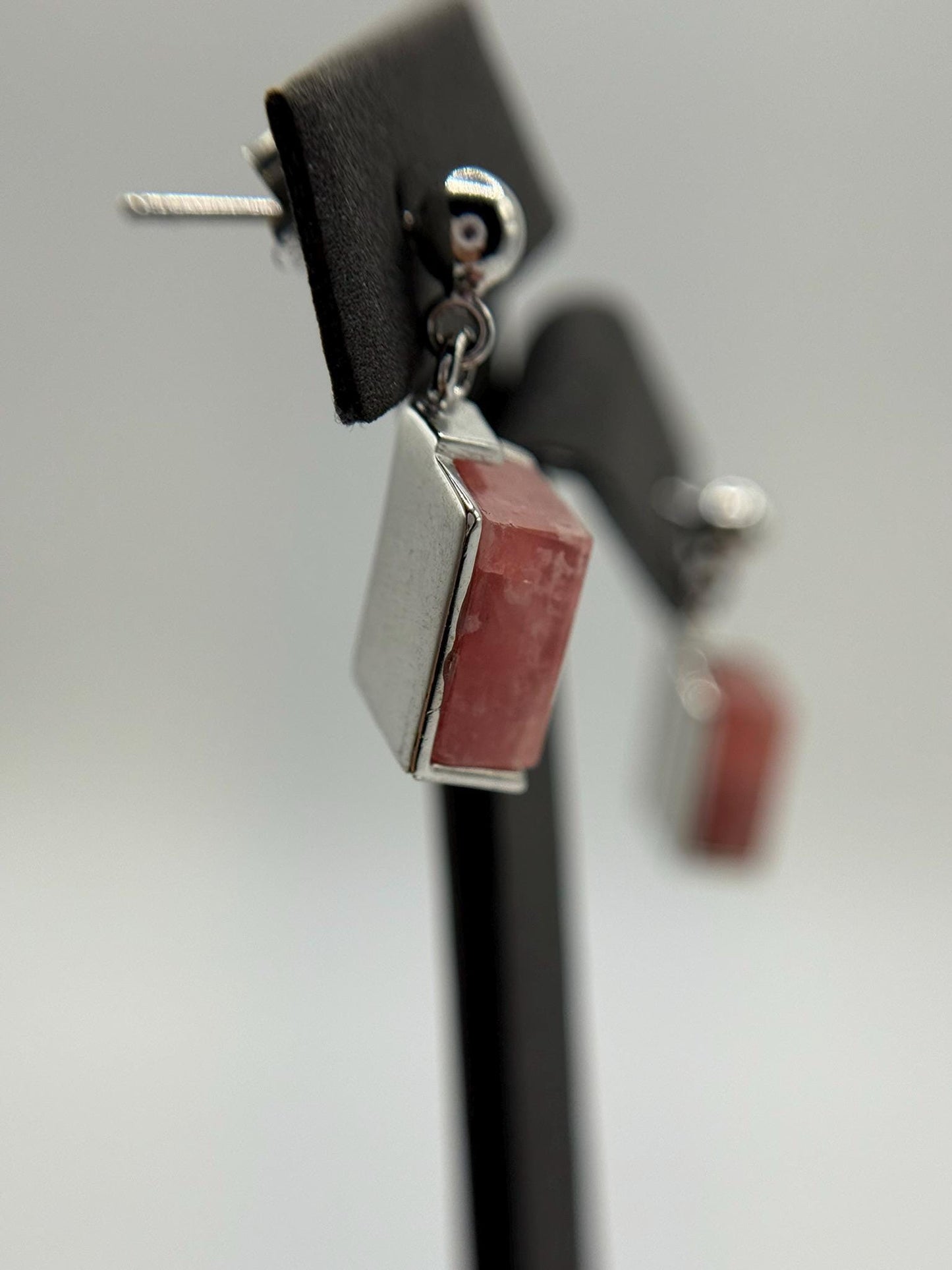 Natural Rhodochrosite Sterling Silver Drop Earrings | Pink Hexagon Crystal Earrings