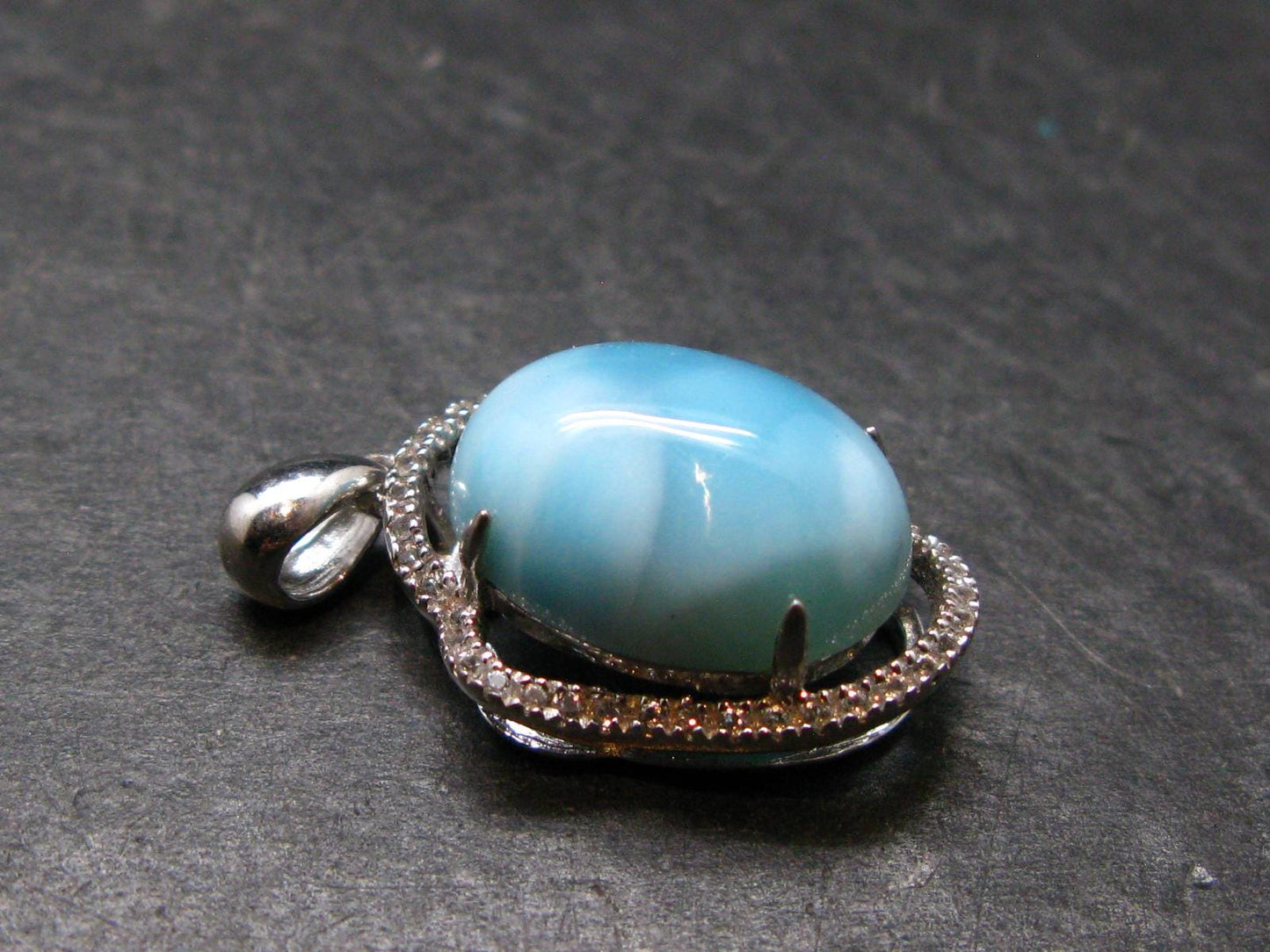 Summer’s Sea!! Rare Polished Cabochon Blue Larimar Pectolite Silver Pendant From Dominican Republic - 1.1" - 4.48 Grams