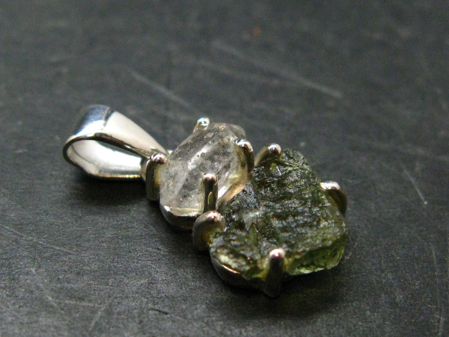 Moldavite & Herkimer Diamond Silver Pendant - 0.9" - 2.0 Grams