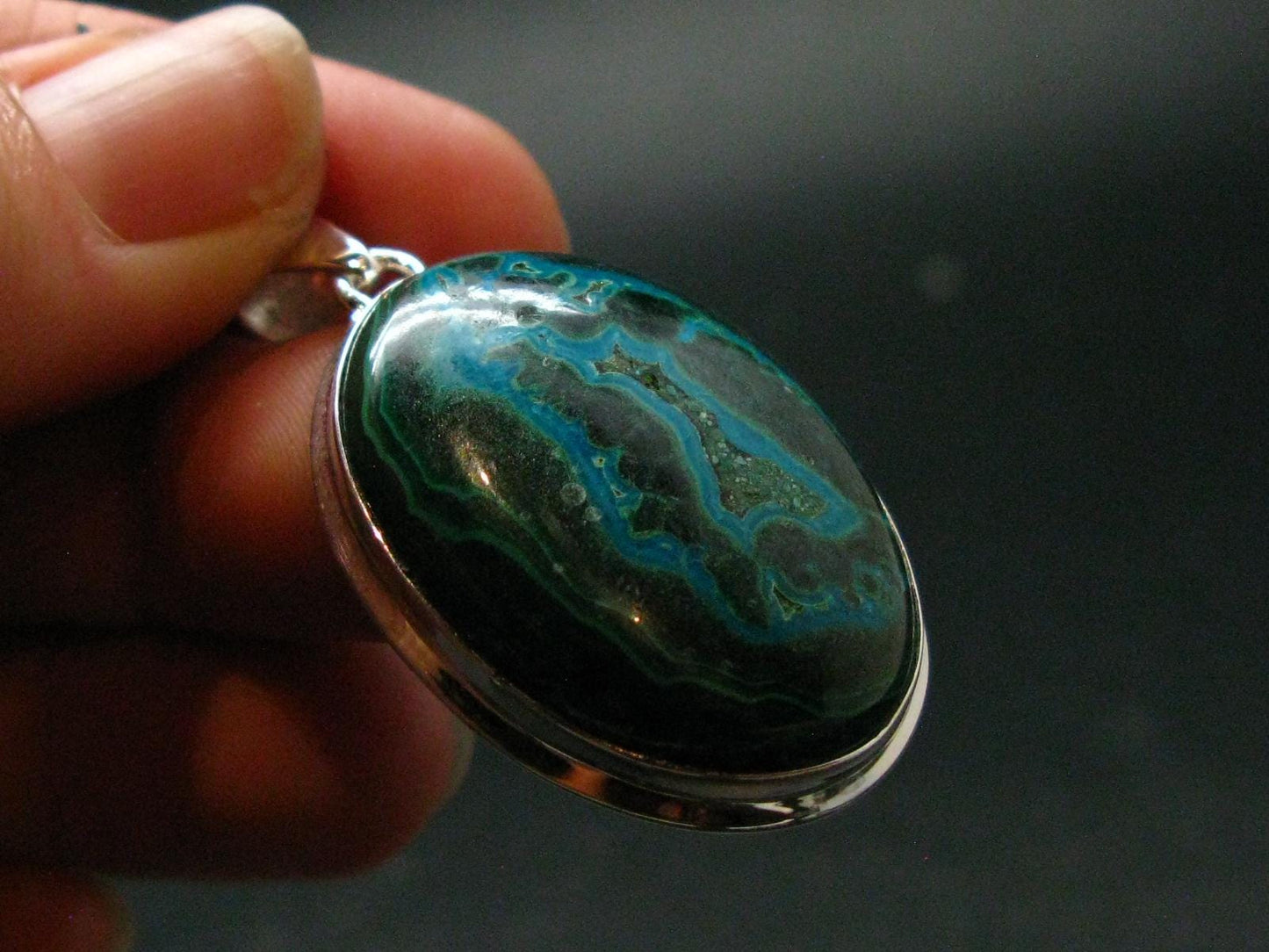 Malachite And Chrysocola Silver Plated Pendant from Congo - 1.7" - 12.76 Grams