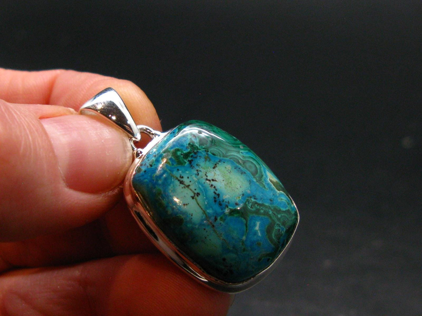Malachite And Chrysocola Silver Plated Pendant from Congo - 1.3" - 7.3 Grams
