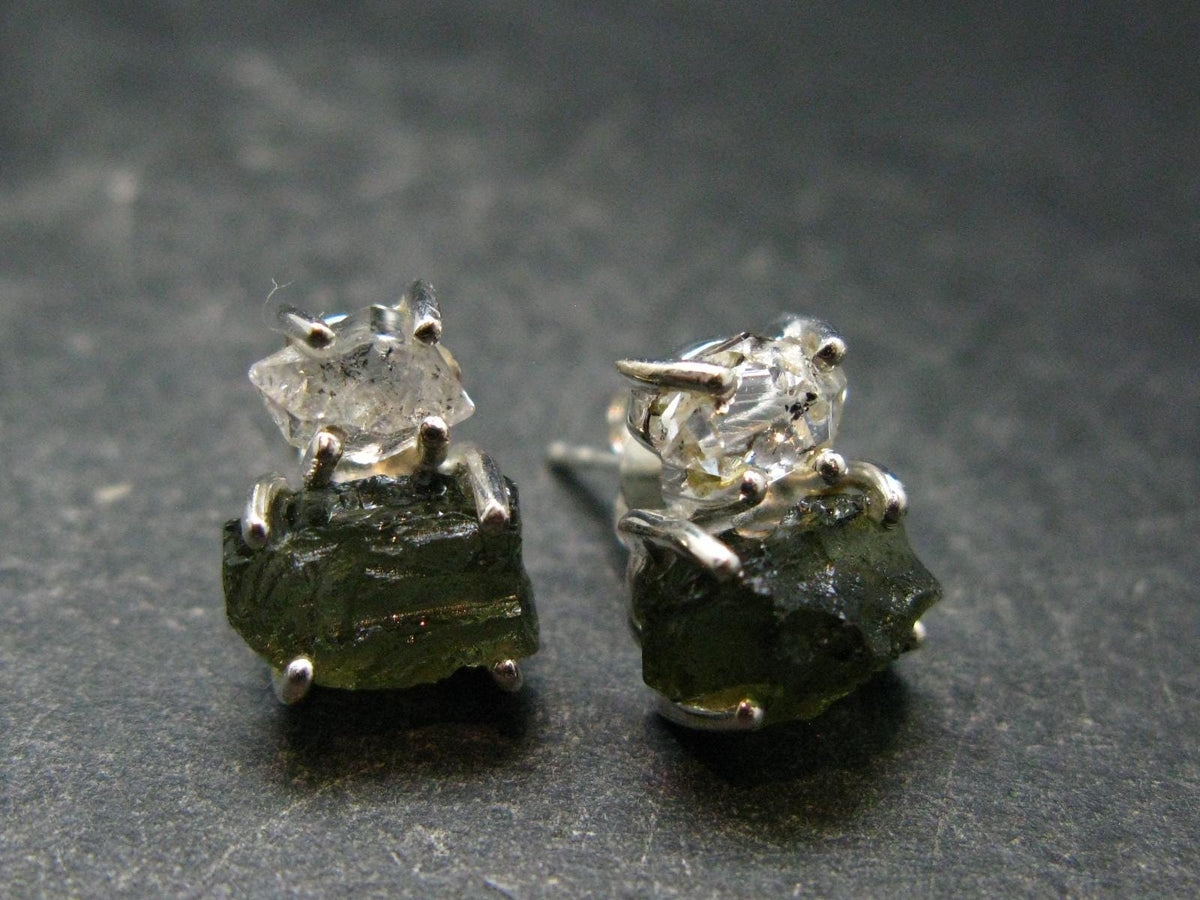 Moldavite & Herkimer Diamond Silver Stud Earrings - 0.7" - 2.64 Grams