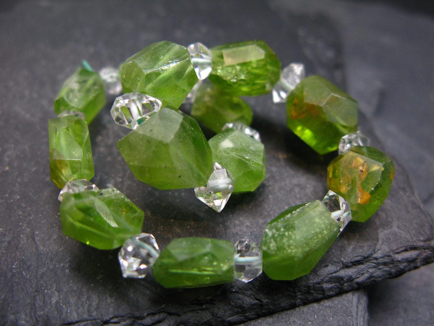 Peridot & Herkimer Diamond Genuine Bracelet ~ 7 Inches ~ Facetted Beads