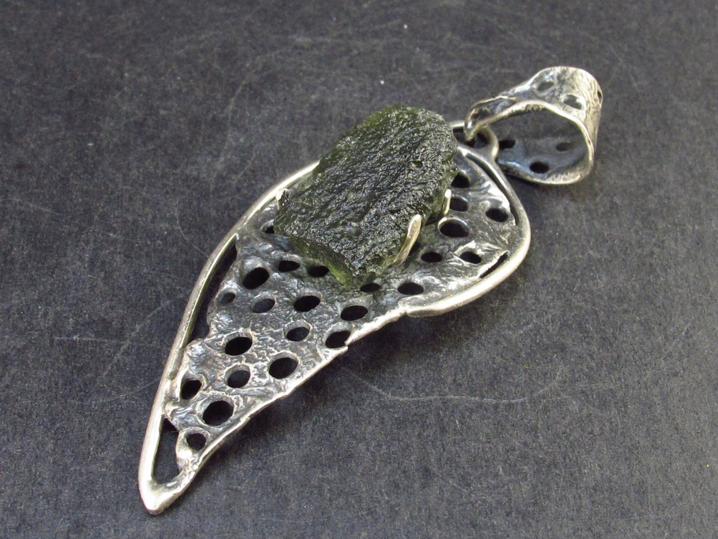 Moldavite Tektite Silver Pendant from Czech Republic - 2.6" - 9.7 Grams