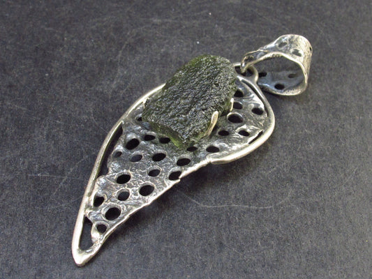 Moldavite Tektite Silver Pendant from Czech Republic - 2.6" - 9.7 Grams
