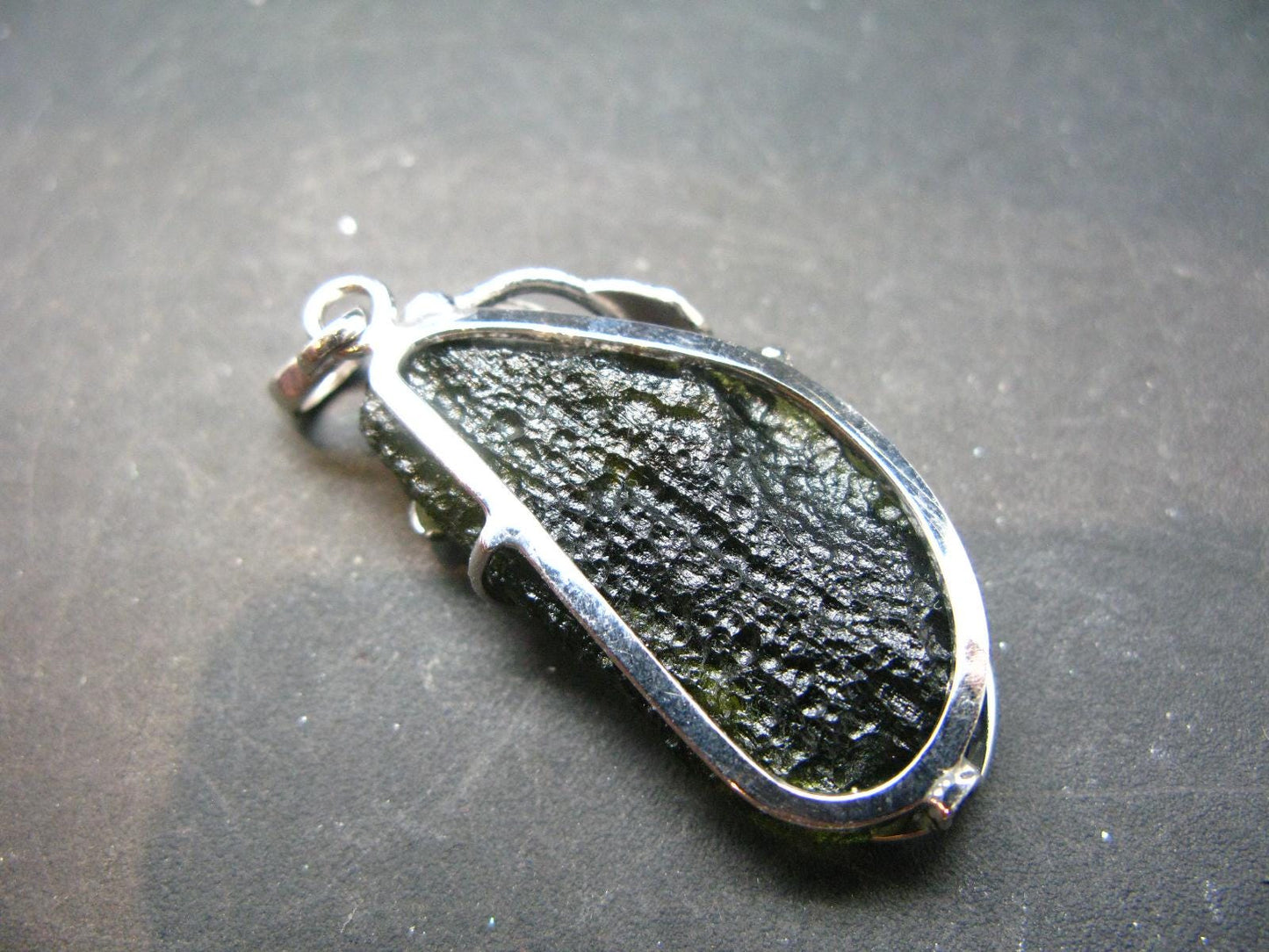 Large Gem Moldavite Tektite SS Pendant From Czech Republic - 8.25 Grams - 1.8"