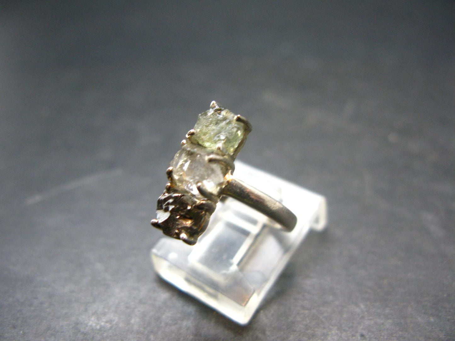 Moldavite Tektite, Meteorite and Herkimer Diamond Silver Ring - Size 5 - 2.45 Grams