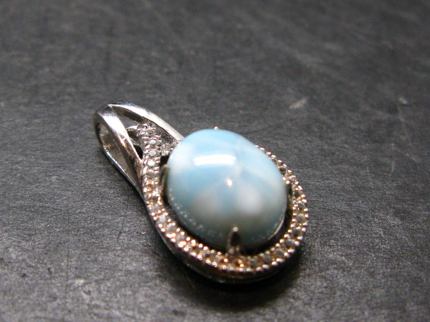 Summer’s Sea!! Rare Polished Cabochon Blue Larimar Pectolite Silver Pendant From Dominican Republic - 0.8" - 2.25 Grams