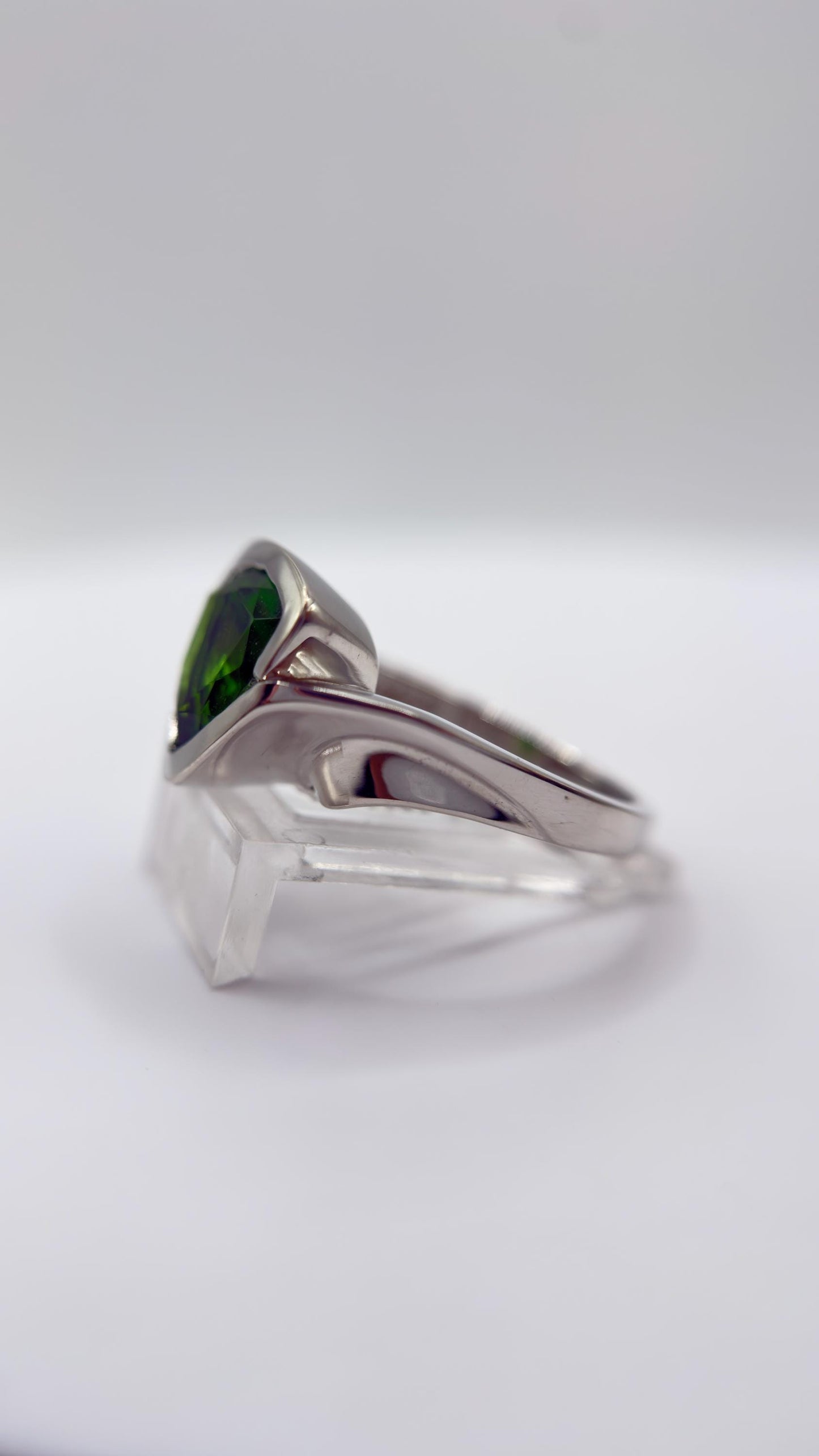 Green Helenite Trillion Ring – Sterling Silver Modern Gemstone Statement Ring