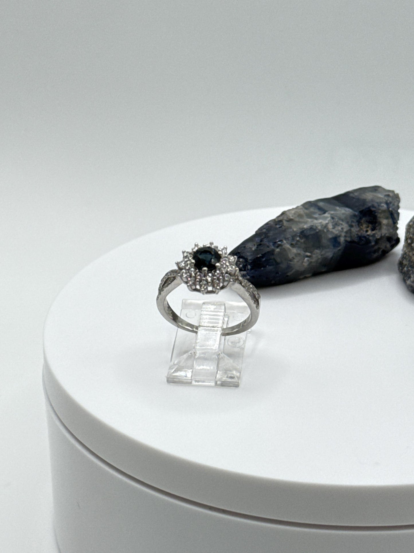 Blue Sapphire Halo Ring: Sterling Silver September Birthstone, Size 6