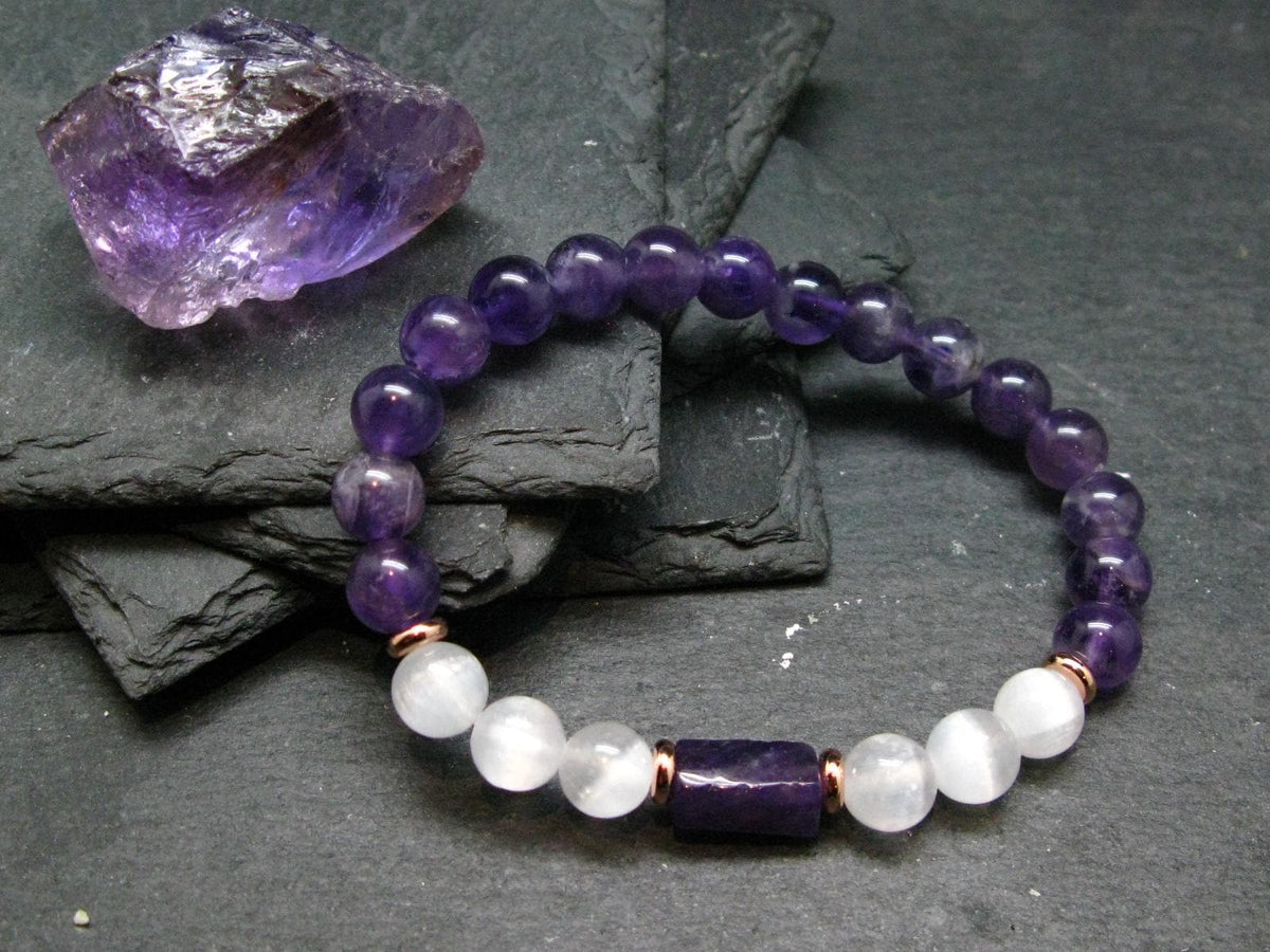 Amethyst & Selenite Genuine Bracelet ~ 7 Inches ~ 8mm Round Beads