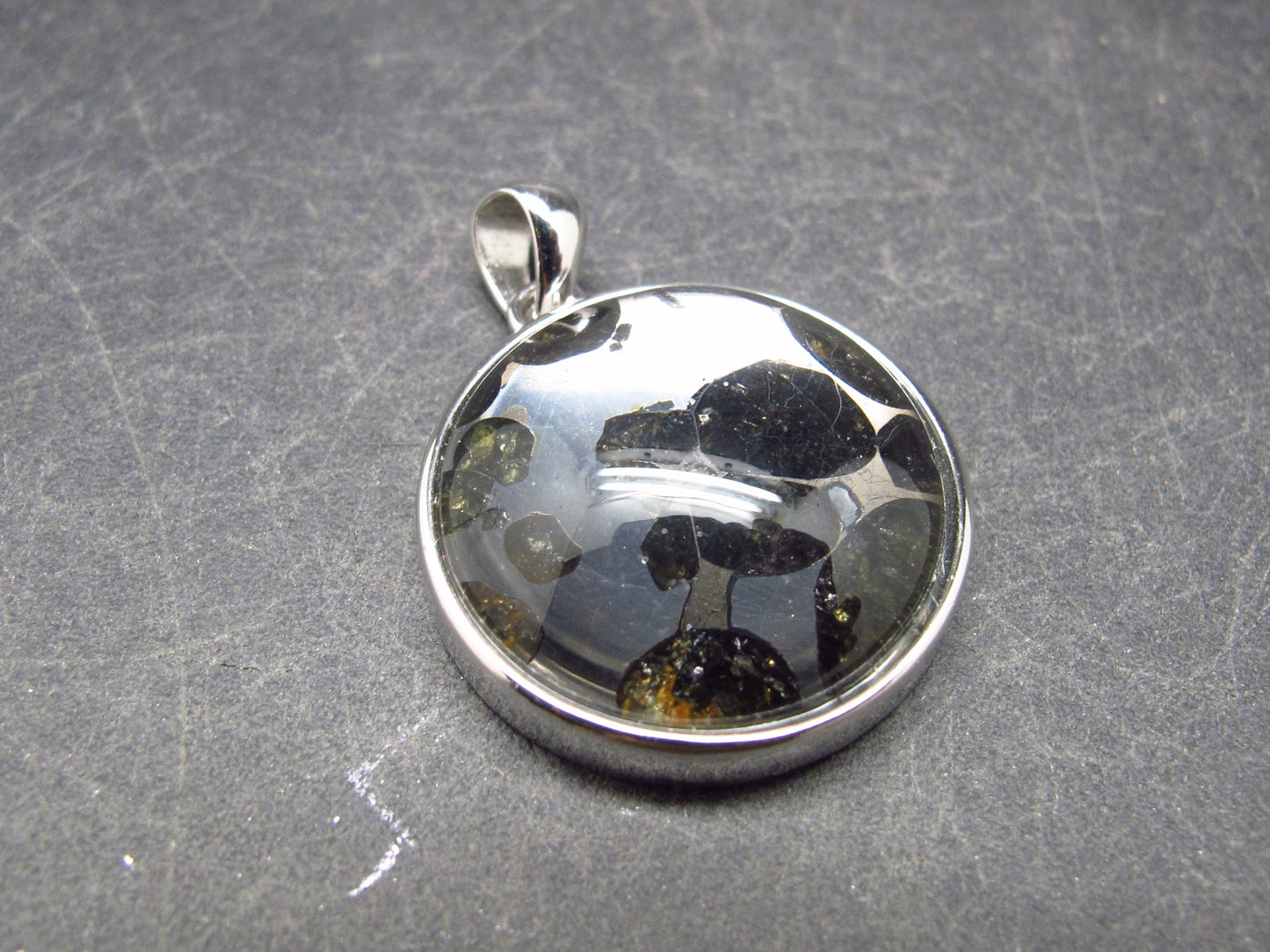 Rare Brahin Meteorite Slice With Olivine Pallasite Silver Pendant from Belarus - 1.2" - 7.5 Grams