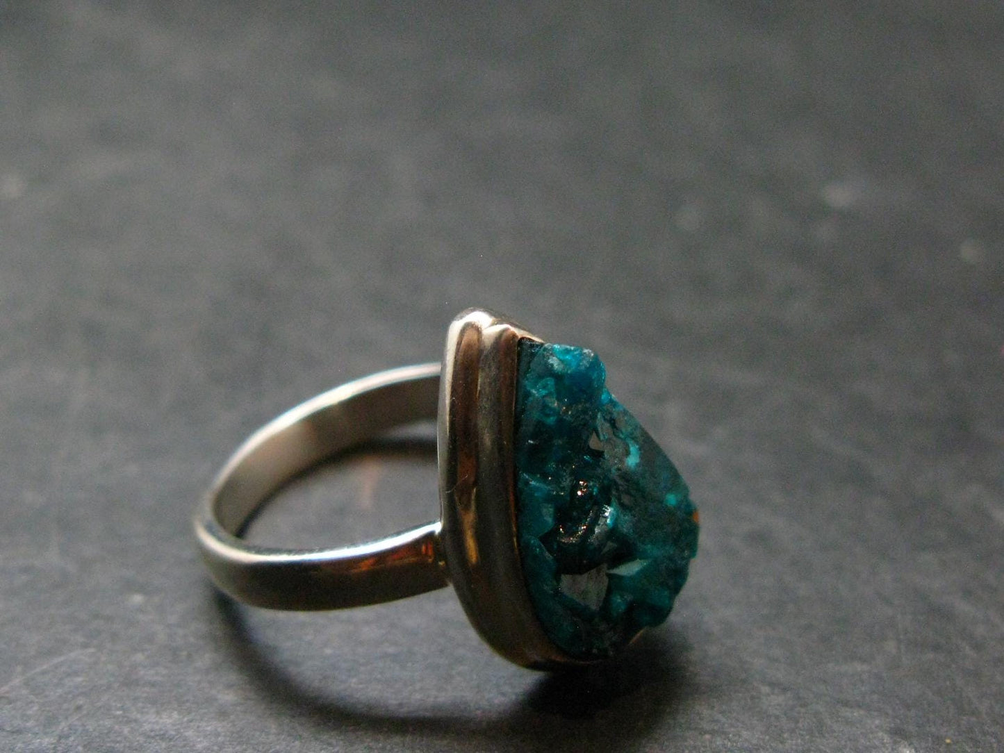 Emerald Green Dioptase Crystal Silver Ring from Congo - 5.57 Grams - Size 8