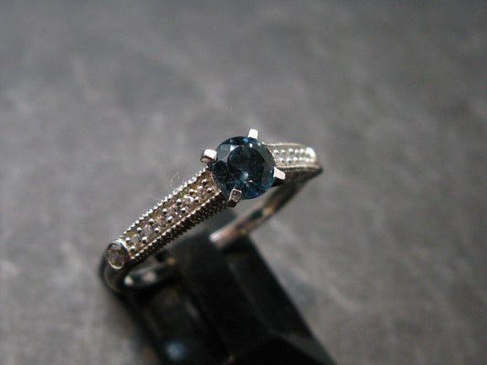 Facetted Blue Topaz Sterling Silver Ring With CZ - 1.87 Grams - Size 7