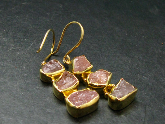 Morganite Pink Beryl Crystal Gold Plated Silver Earrings From Brazil - 12.63 Grams