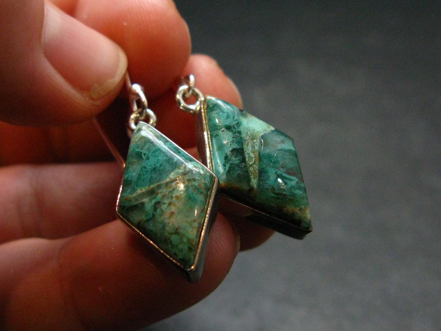 Quantum Quattro Shattuckite Malachite Dioptase Chrysocola Silver Earrings from Namibia - 1.4" - 5.16 Grams