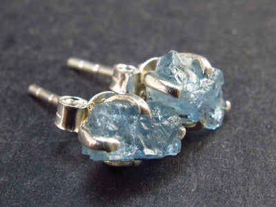 Cute Small Natural Raw Gemmy Aquamarine Crystal Stud Earrings In Sterling Silver From Brazil - 0.4"