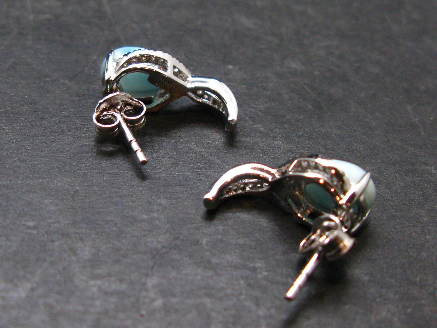 Natural Cabochon Larimar Pectolite 925 Sterling Silver Earrings from Dominican Republic - 2.77 Grams
