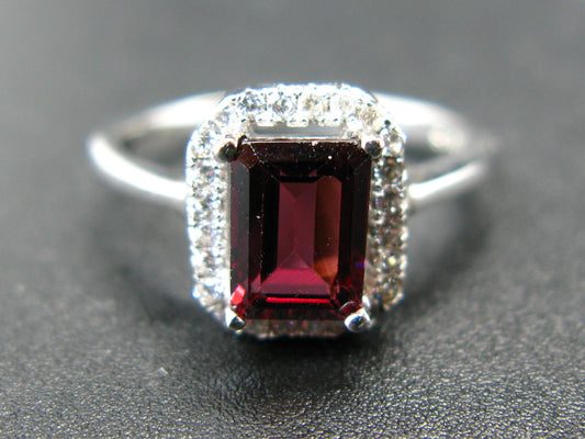 Natural Rectangular Faceted Red Garnet Rhodium Plated Sterling Silver Ring with CZ - Size 6