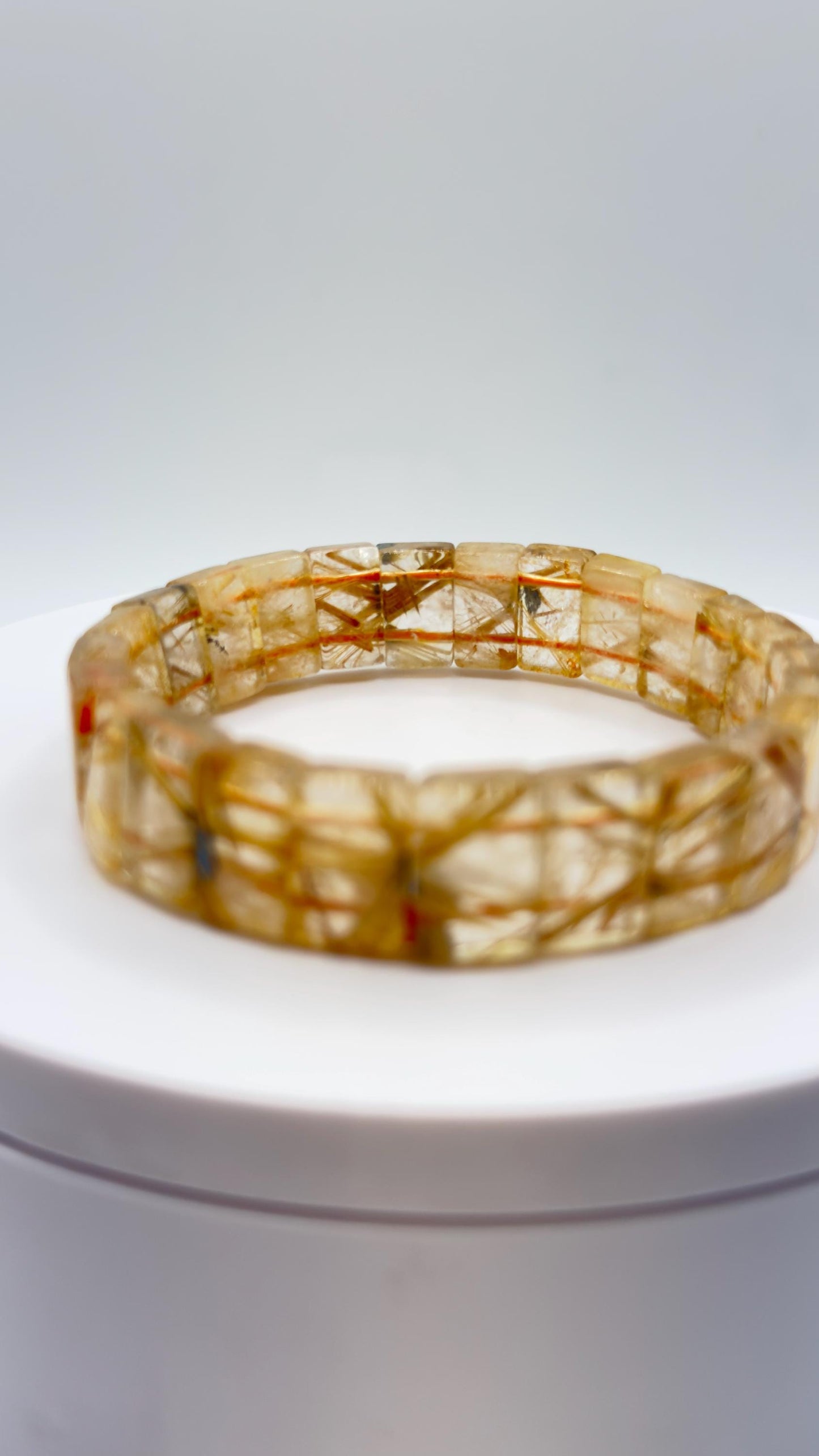 Golden Rutilated Quartz Tile Bracelet – Natural Gemstone Stretch Jewelry