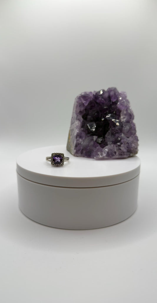 Cushion-Cut Amethyst Ring – Halo Design – Sparkling Silver Statement Jewelry - Size 9