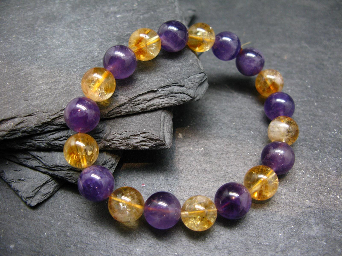 Amethyst & Citrine Genuine Bracelet ~ 7 Inches ~ 10mm Round Beads