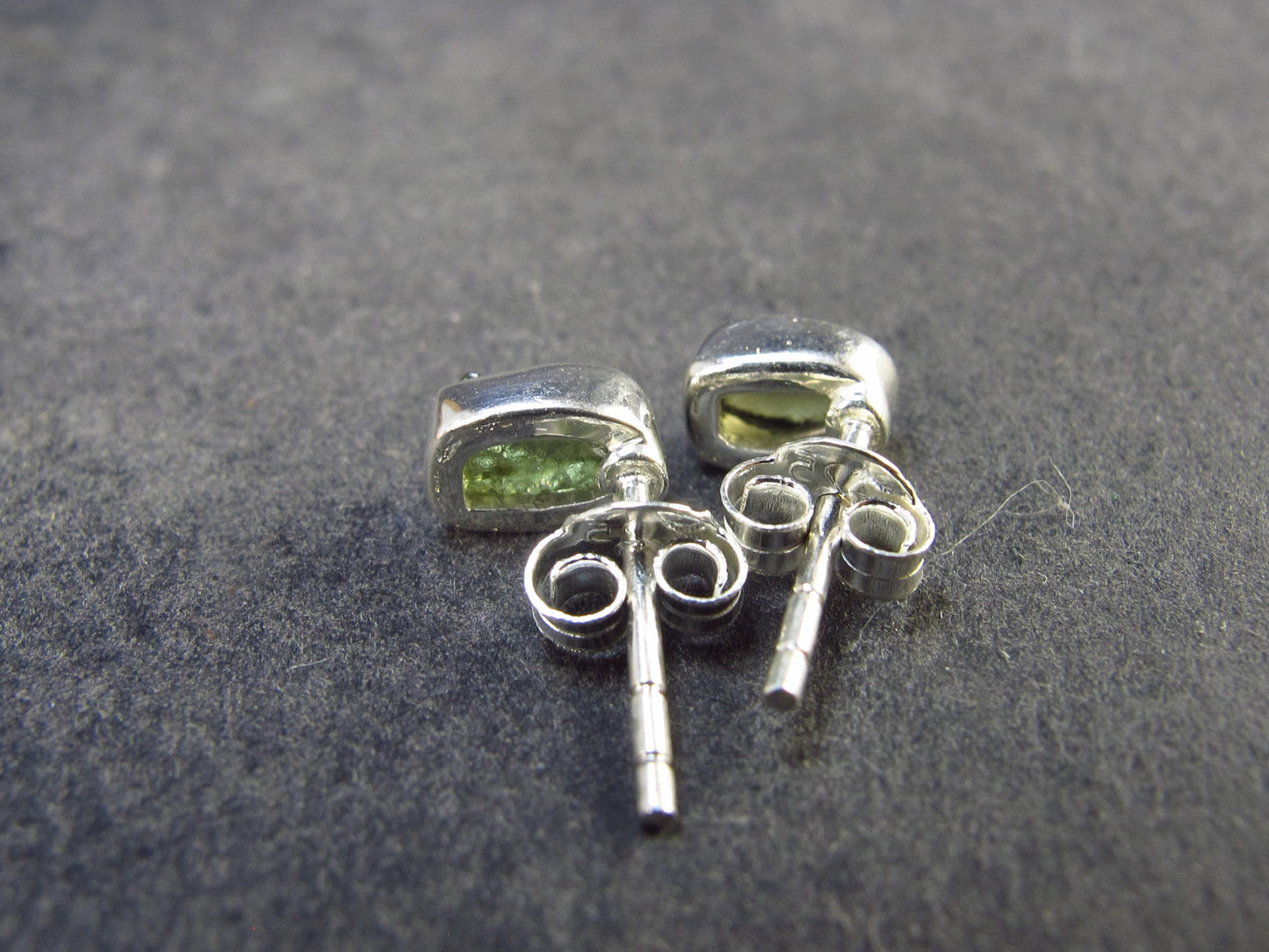Natural Moldavite Tektite Raw Stud Earrings In Sterling Silver From Czech Republic