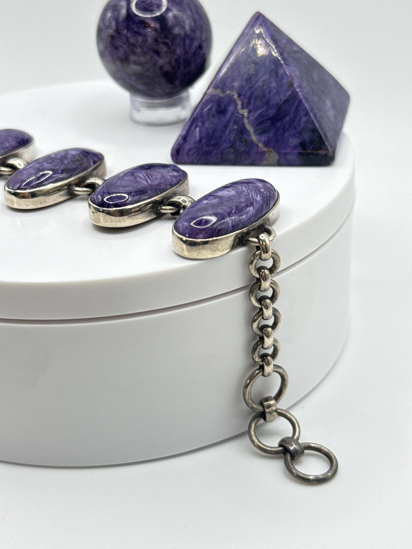 Charoite & Sterling Silver Oval Link Bracelet - 37.83 Grams