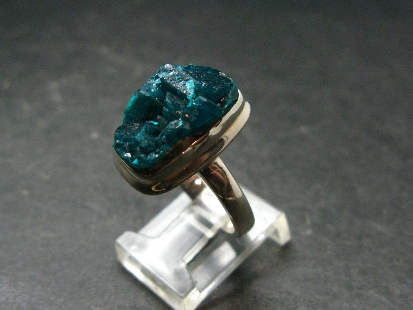 Emerald Green Dioptase Crystal Silver Ring from Congo - 6.49 Grams - Size 8