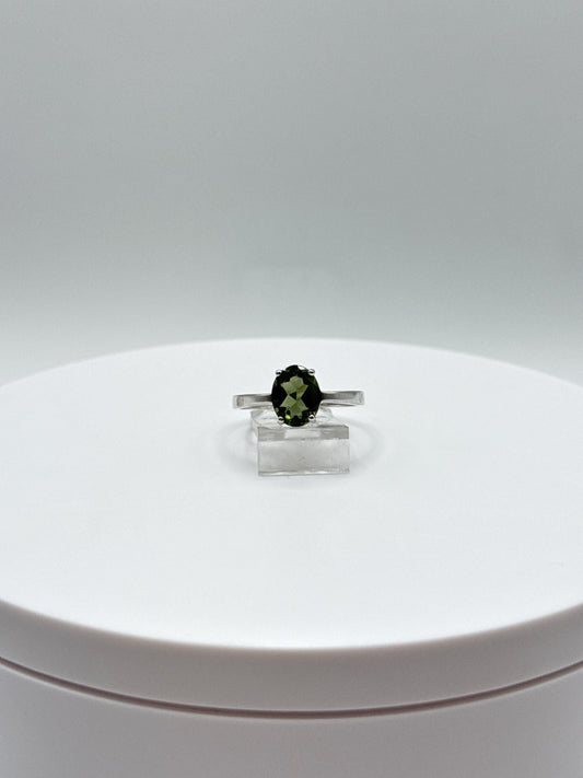 Moldavite Solitaire Ring – Silver Sparkle Band – Bold Oval Cut Statement - Size 8