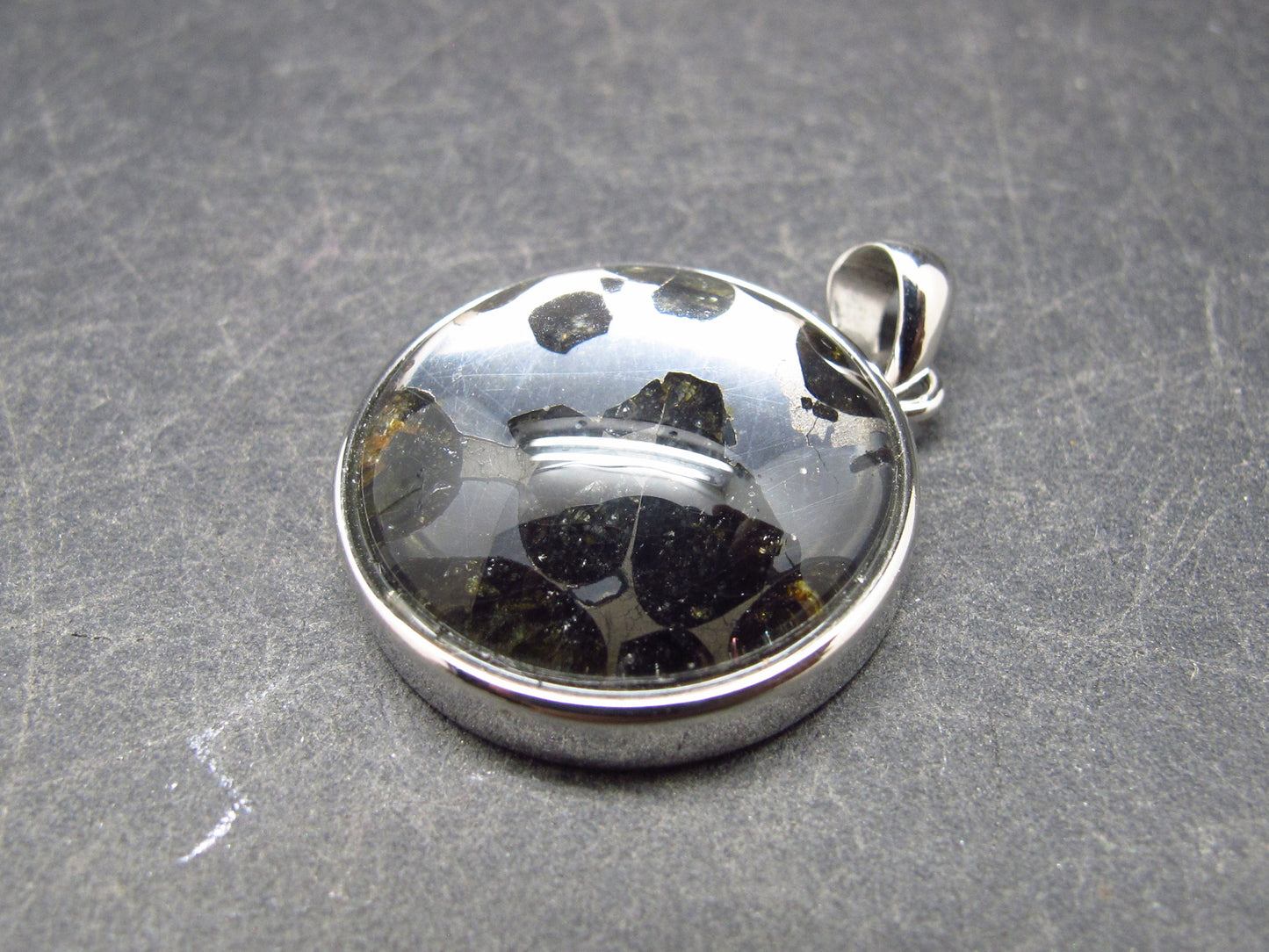 Rare Brahin Meteorite Slice With Olivine Pallasite Silver Pendant from Belarus - 1.2" - 7.5 Grams