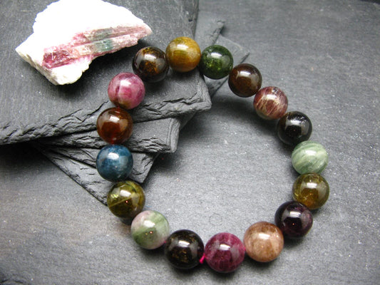 Gem Watermelon Bicolor Tourmaline Genuine Bracelet ~ 7.5 Inches ~ 13mm Round Beads