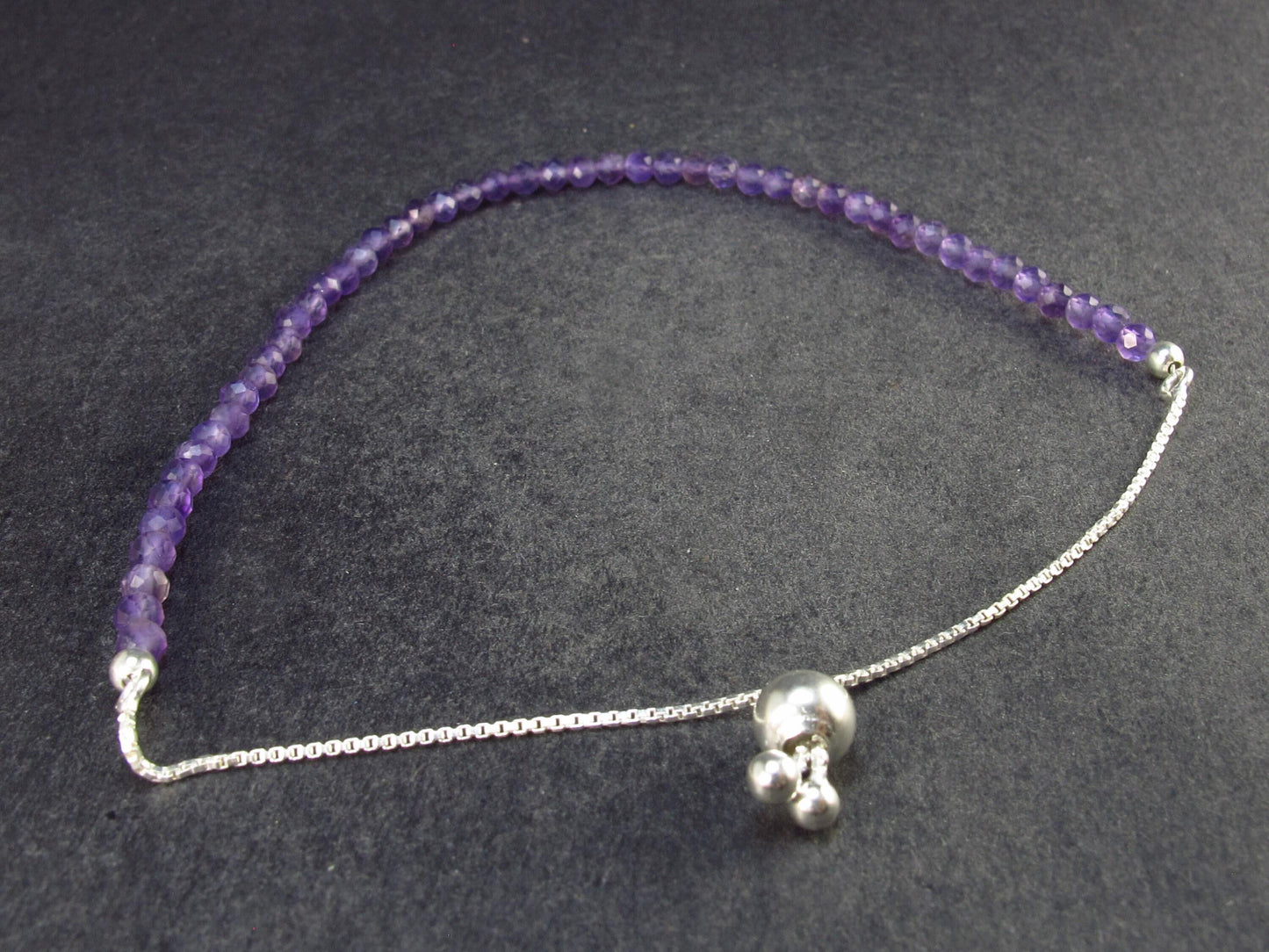 Natural Faceted Round Beads Amethyst 925 Silver Bracelet - Size Adjustable - 2.86 Grams