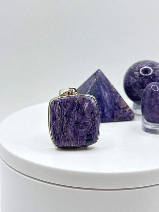 Charoite Sterling Silver Pendant – Square Design - 11.23 Grams