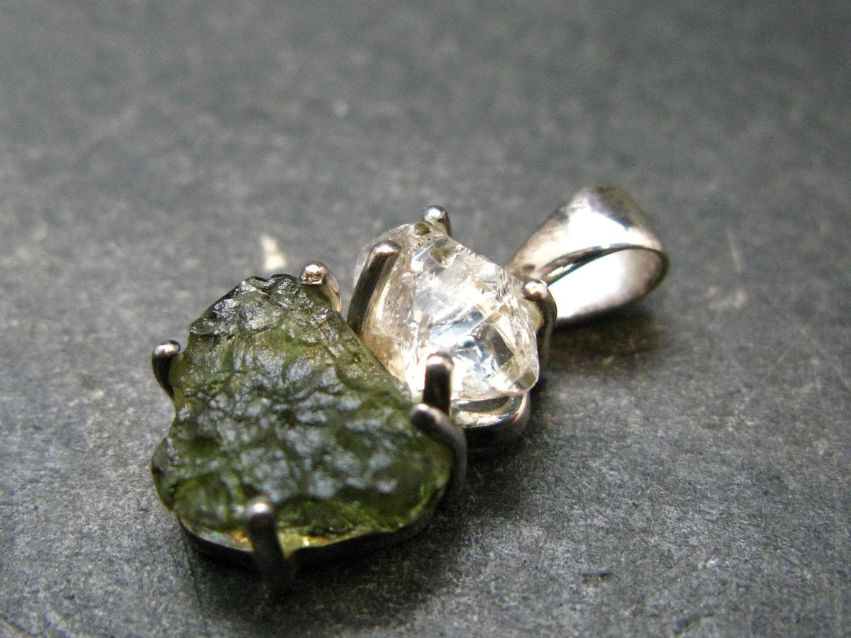 Moldavite & Herkimer Diamond Silver Pendant - 0.9" - 2.38 Grams